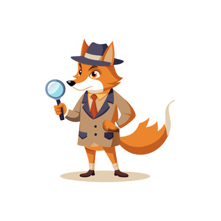 Cartoon Fox Detective Holding Magnifying Glass in Investigation Poseのイラスト素材