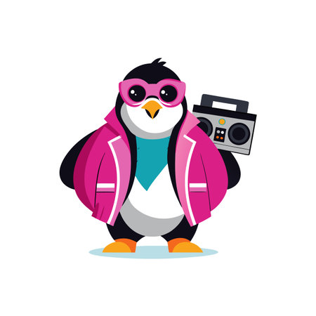 Cool cartoon penguin with boombox in retro style vectorのイラスト素材