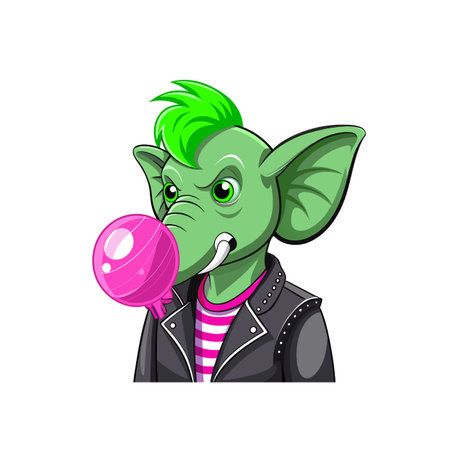Cartoon punk elephant blowing a bubble gum bubbleのイラスト素材