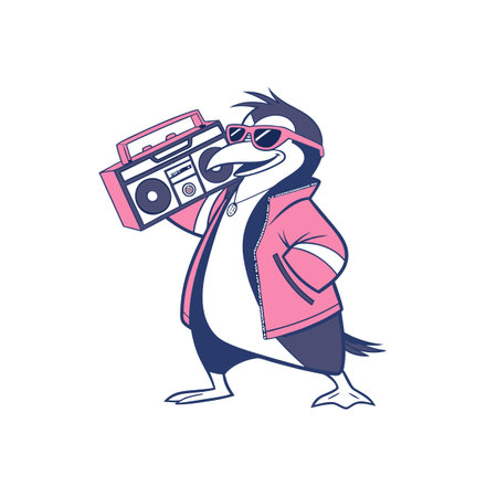 Cartoon penguin with boombox in 80s fashion vectorのイラスト素材