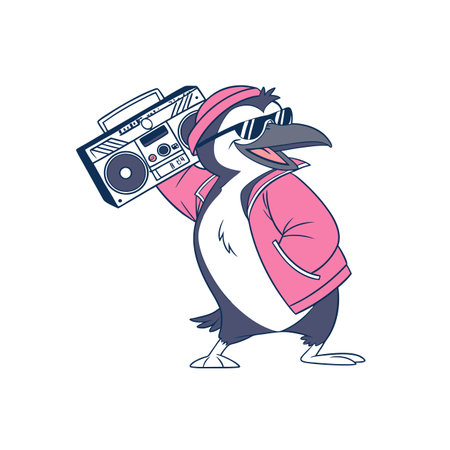 Cartoon penguin with boombox and sunglasses stock imageのイラスト素材