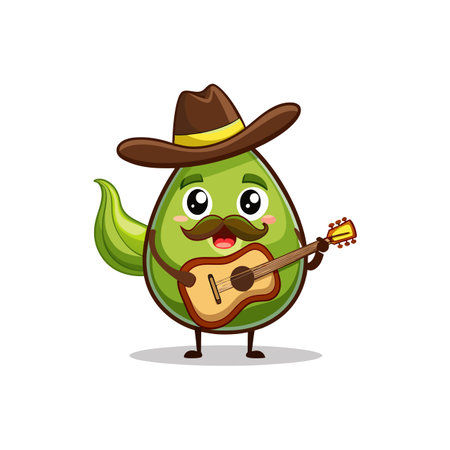 Cartoon avocado playing guitar wearing sombrero with happy expressionのイラスト素材