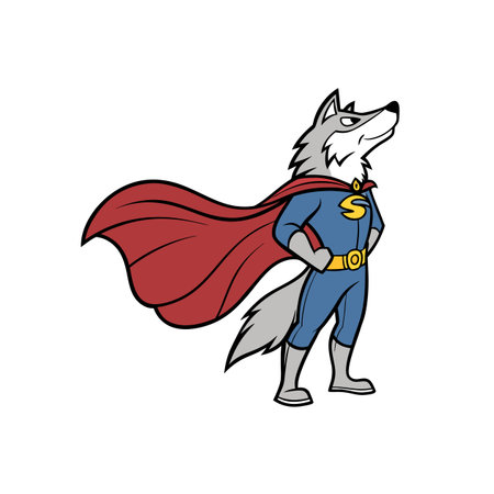 Cartoon wolf superhero standing proudly with cape blowing in windのイラスト素材
