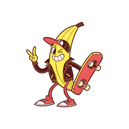 Cool banana character with skateboard striking a peace sign poseのイラスト素材