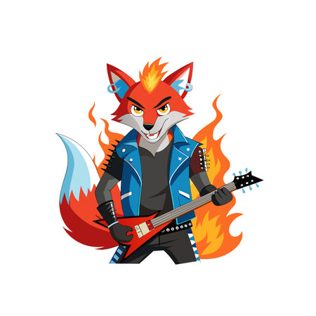 Cartoon fox character plays guitar with flames backgroundのイラスト素材