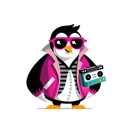Cool penguin cartoon character with retro music player fashionのイラスト素材