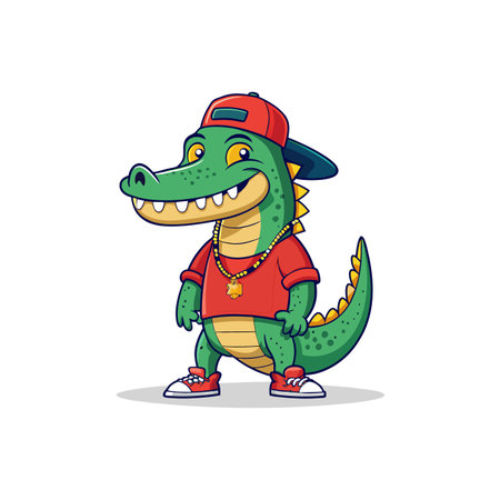 Cartoon alligator character with hip hop style wearing hatのイラスト素材