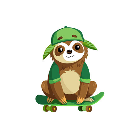 Sloth on Skateboard with Hat Cartoon Vector Illustrationのイラスト素材