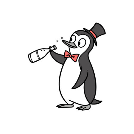 Cartoon penguin wearing a top hat and bow tie toastsのイラスト素材