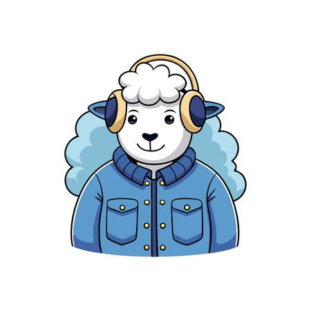 Cartoon sheep wearing headphones and a blue jacket illustrationのイラスト素材