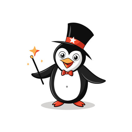 Cartoon penguin magician with wand and top hat illustrationのイラスト素材