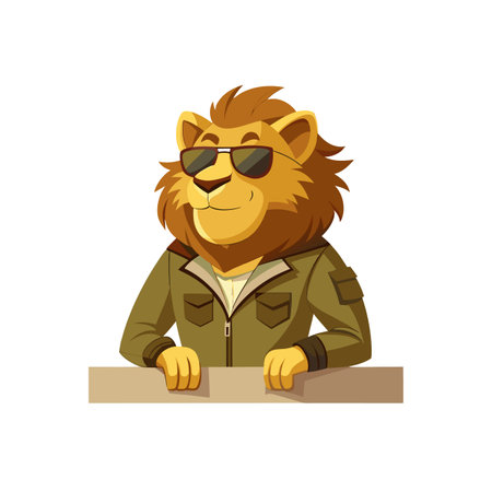 Cartoon lion wearing sunglasses leaning on a rectangular surfaceのイラスト素材