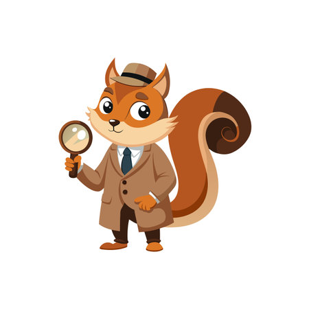 Cartoon squirrel detective holding magnifying glass on white background