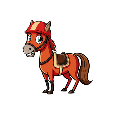 Cartoon horse with red helmet and brown saddle illustrationのイラスト素材