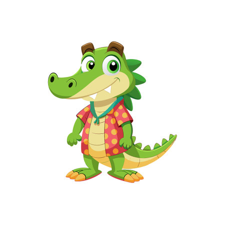 Cheerful Cartoon Crocodile Character Wearing Hawaiian Shirt and Sandalsのイラスト素材
