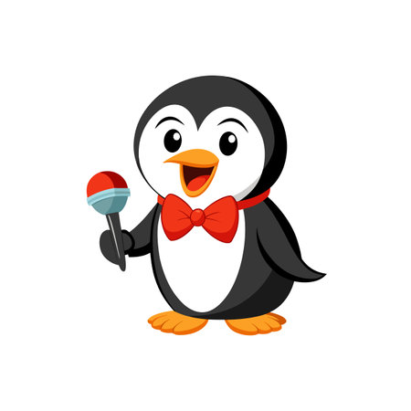 Cartoon penguin holding rattle and wearing bow tie illustrationのイラスト素材