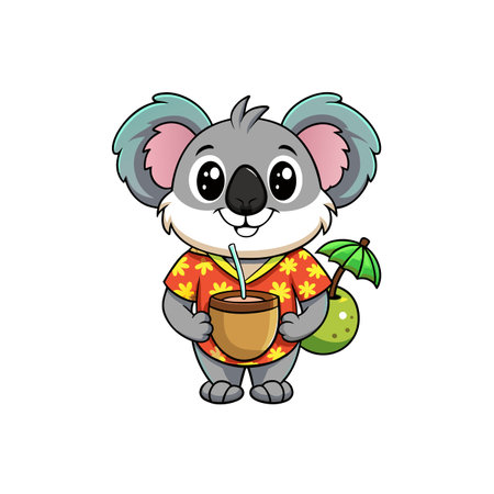 Cartoon Koala enjoying tropical coconut drink wearing floral shirtのイラスト素材