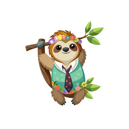 Cute sloth character wearing a flower crown and tieのイラスト素材