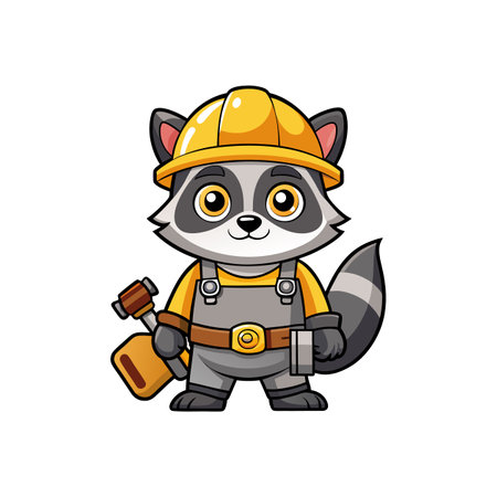 Cartoon raccoon construction worker with tools against white backdropのイラスト素材