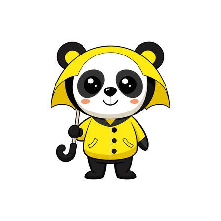 Cartoon Panda in Yellow Raincoat Holding Umbrella Illustrationのイラスト素材