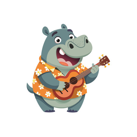 Cartoon hippo playing ukulele wearing flower shirt on vacationのイラスト素材