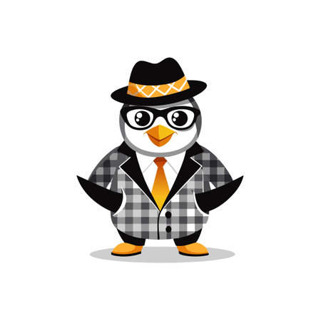 Cartoon penguin wearing suit and fedora hat character imageのイラスト素材