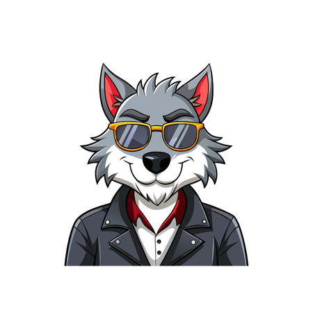 Cartoon wolf portrait wearing sunglasses and leather jacketのイラスト素材