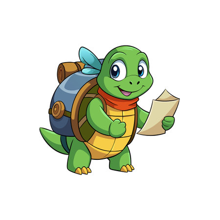 Cartoon turtle on a hiking adventure with mapのイラスト素材