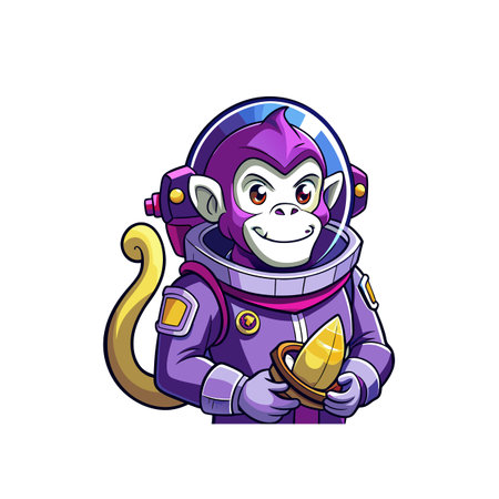 Cartoon monkey astronaut in spacesuit holding golden bananaのイラスト素材