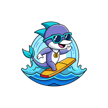 Fun cartoon dolphin surfing a wave with sunglassesのイラスト素材