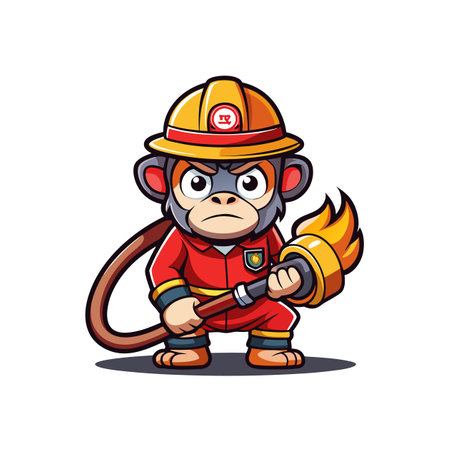 Cartoon monkey firefighter holding hose with fire coming outのイラスト素材