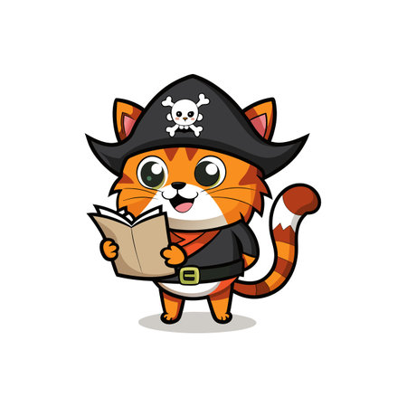 Cartoon cat pirate reading a book on white backgroundのイラスト素材