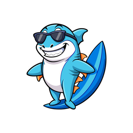 Cartoon shark with sunglasses on surfboard for summer funのイラスト素材