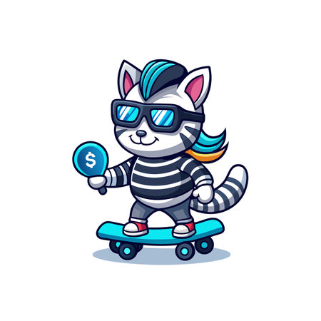 Cartoon raccoon riding skateboard holding coin with dollar signのイラスト素材