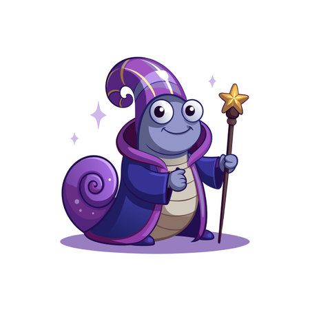 Cartoon snail wizard casting spells with a magical star wandのイラスト素材