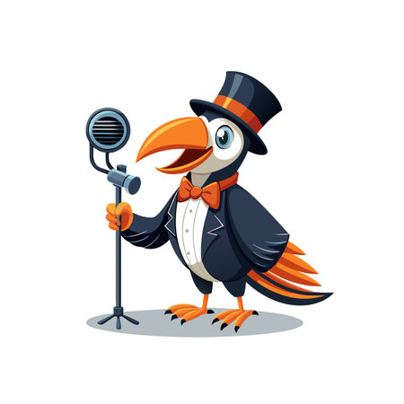 Cartoon bird performing on stage with vintage microphone vectorのイラスト素材