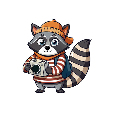 Cartoon raccoon photographer with camera and striped shirt vectorのイラスト素材