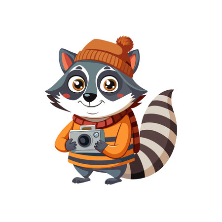 Cute cartoon raccoon photographer wearing a hat and scarfのイラスト素材