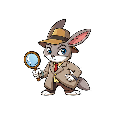 Cartoon bunny detective with magnifying glass looking for cluesのイラスト素材