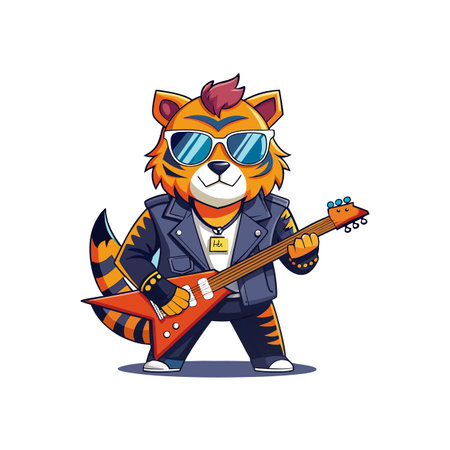 Cool tiger cartoon character playing electric guitar rocker styleのイラスト素材