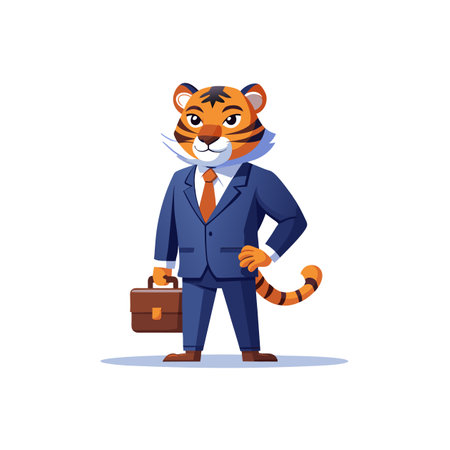 Confident tiger businessman illustration standing with briefcase and suitのイラスト素材