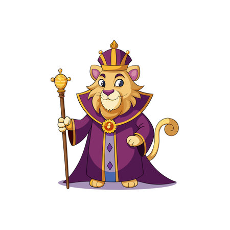 Cartoon Lion King Holding Scepter Wearing Crown and Robeのイラスト素材