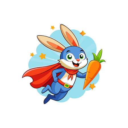 Cartoon super bunny flies with carrot in light blue skyのイラスト素材