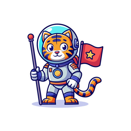 Cartoon tiger astronaut conquering space, holding flag and staffのイラスト素材