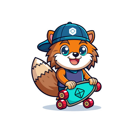 Cute cartoon fox character holding a skateboard, cheerful expressionのイラスト素材
