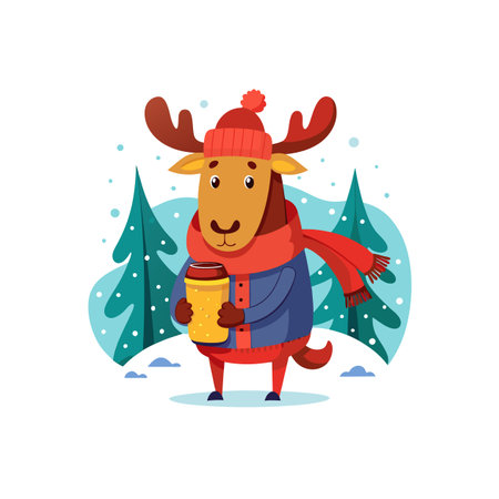 Cartoon reindeer with coffee in snowy winter landscapeのイラスト素材