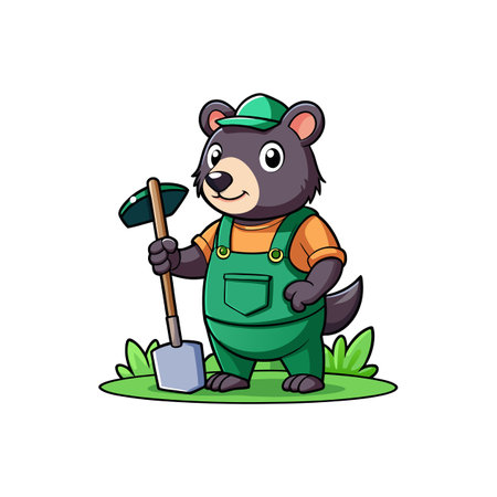 Cartoon bear character in overalls with a pickaxe toolのイラスト素材