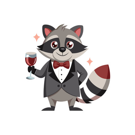 Cartoon raccoon wearing suit holding glass of red wineのイラスト素材