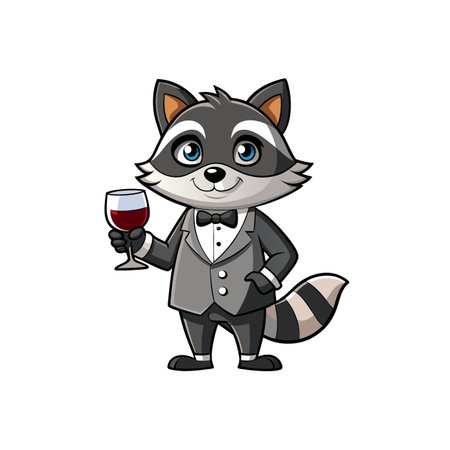 Cartoon Raccoon Mascot Character in Tuxedo Holding Glass of Wineのイラスト素材
