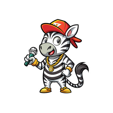 Cartoon zebra rapper with microphone and gold jewelry vectorのイラスト素材